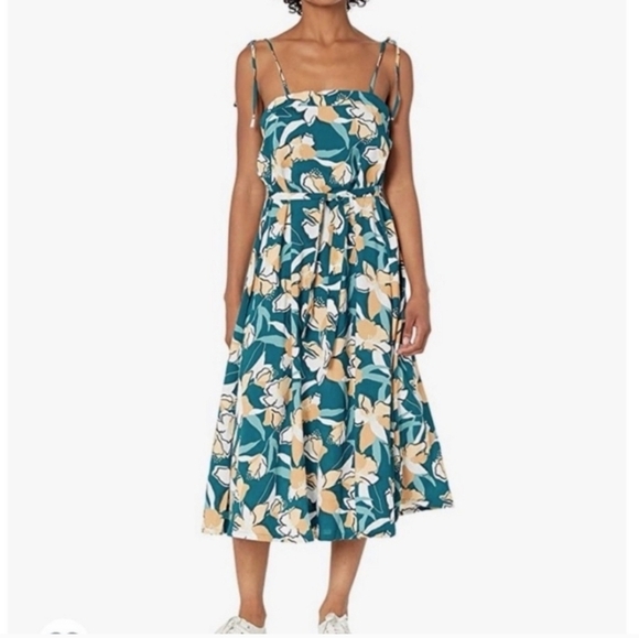 ROXY MIDI SPAGHETTI STRAP FLORAL TROPICAL TURQUOISE DRESS SZ M - Picture 2 of 10